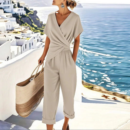 Stella | Wrap-Front Jumpsuit met Gedraaide Taille en Cropped Wijde Pijpen