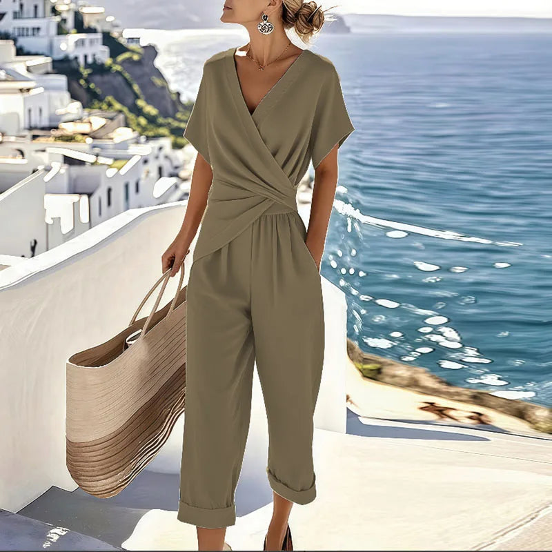 Stella | Wrap-Front Jumpsuit met Gedraaide Taille en Cropped Wijde Pijpen