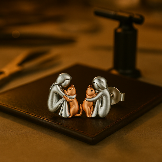 Bicolor Zilveren en Gouden Kat Knuffel Oorbellen